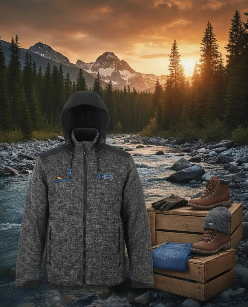 Outfit uomo autunno-inverno su sfondo chiaro: giacca tecnica grigia con cappuccio e dettagli blu abbinata a jeans regular fit blu