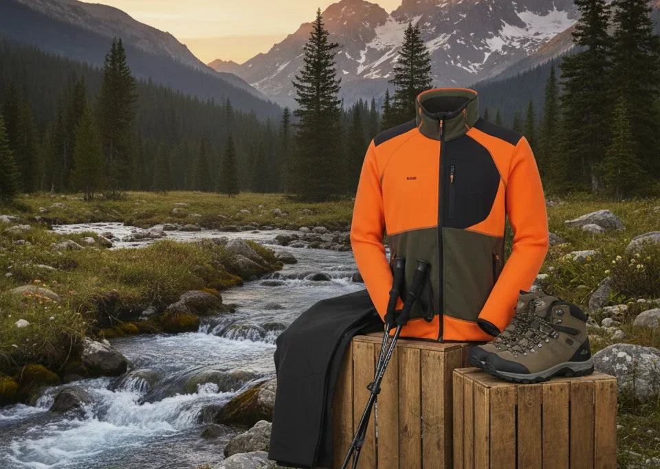 Due giacche outdoor da uomo su sfondo chiaro: una giacca tecnica grigia con cappuccio e dettagli blu, affiancata a una giacca arancione e verde militare con inserti neri, stile autunno-inverno