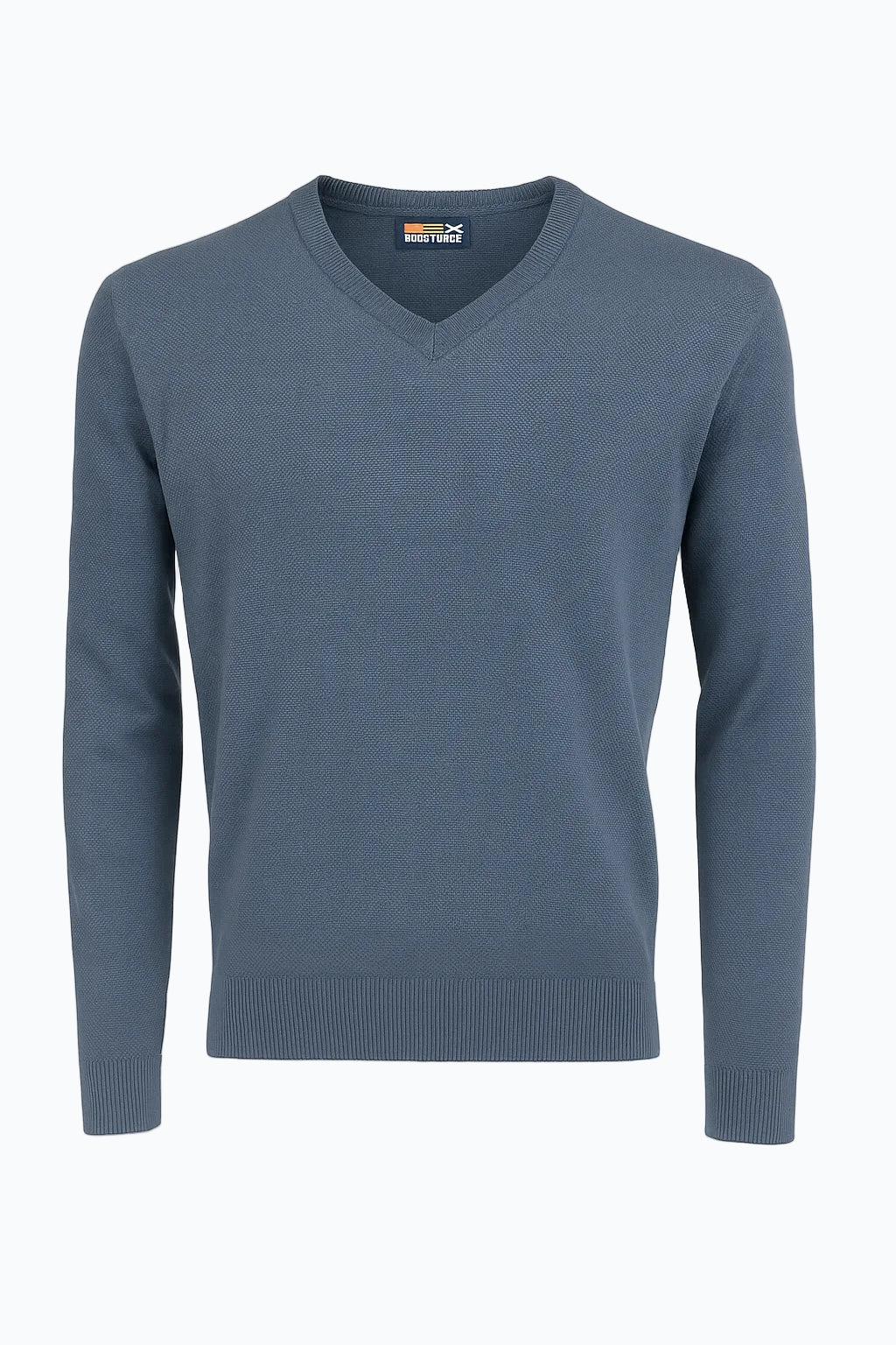 Pullover uomo RE del MARE blu avio, scollo a V, tessuto leggero primaverile – vista frontale su manichino invisibile