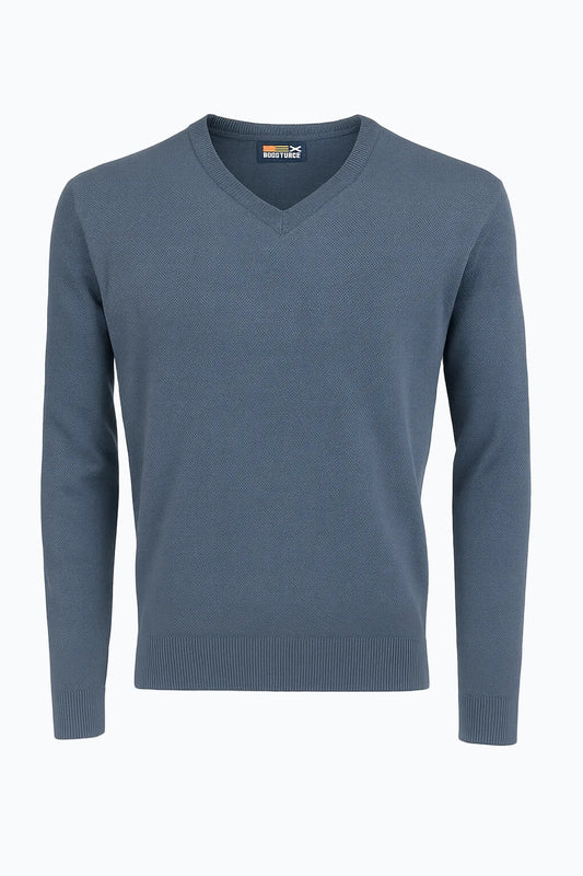 Pullover uomo RE del MARE blu avio, scollo a V, tessuto leggero primaverile – vista frontale su manichino invisibile